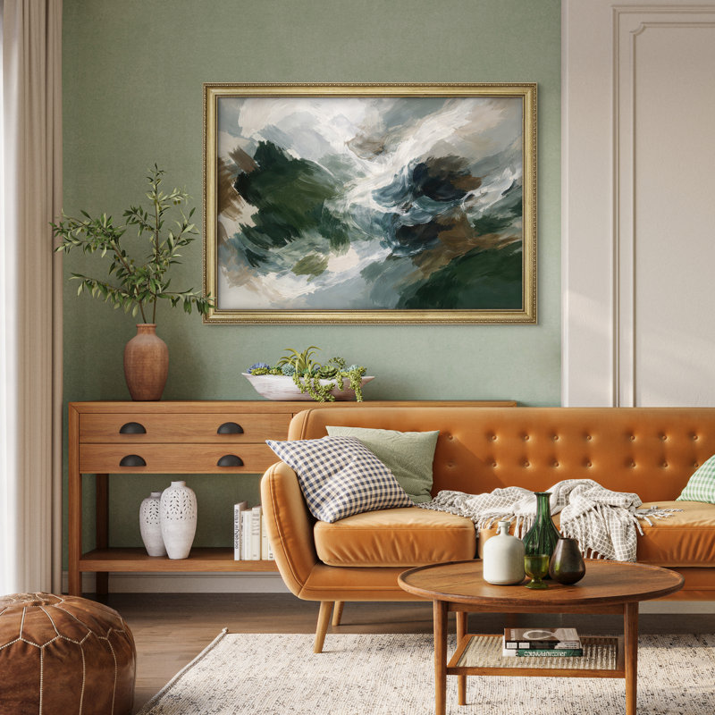 Abstrait vagues océaniques dans des tons vert foncé et blancs pour le salon, art mural encadré 26 po x 36 po