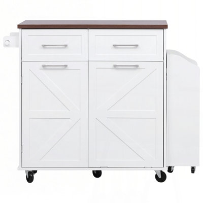 Îlot de cuisine K&K de 47,2 po avec abattant, îlot de rangement avec supports latéraux amovibles, deux tiroirs, chariot de cuisine sur roulettes avec porte-serviettes, pour la maison, la cuisine, la salle à manger, blanc