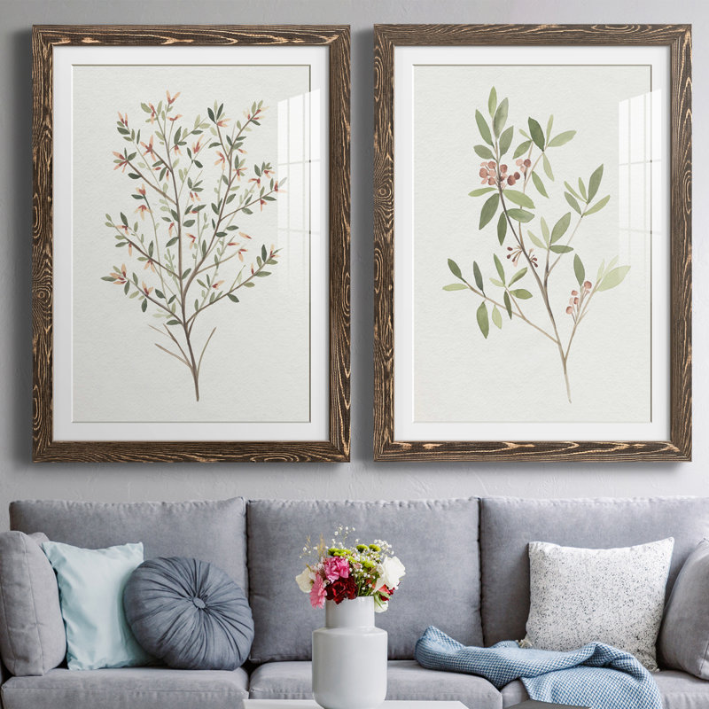 " Single Sprig III " 2 - Pieces Painting Print, 20" H x 34" W x 1" D, Walnut Framed