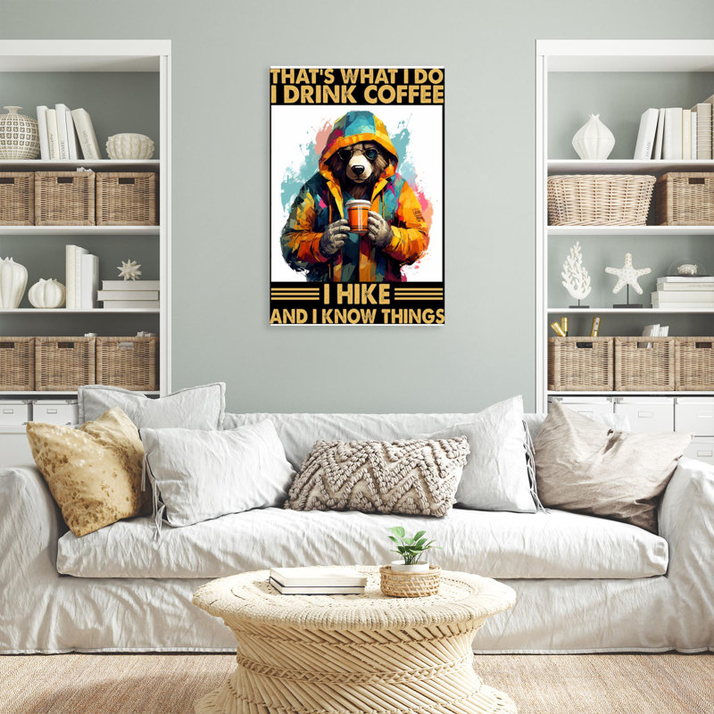 «Bear I Drink Coffee I Hike» - Reproduction d'art graphique sur toile tendue 1 pièce, H 14 po x l 11 po x P 1,25 po