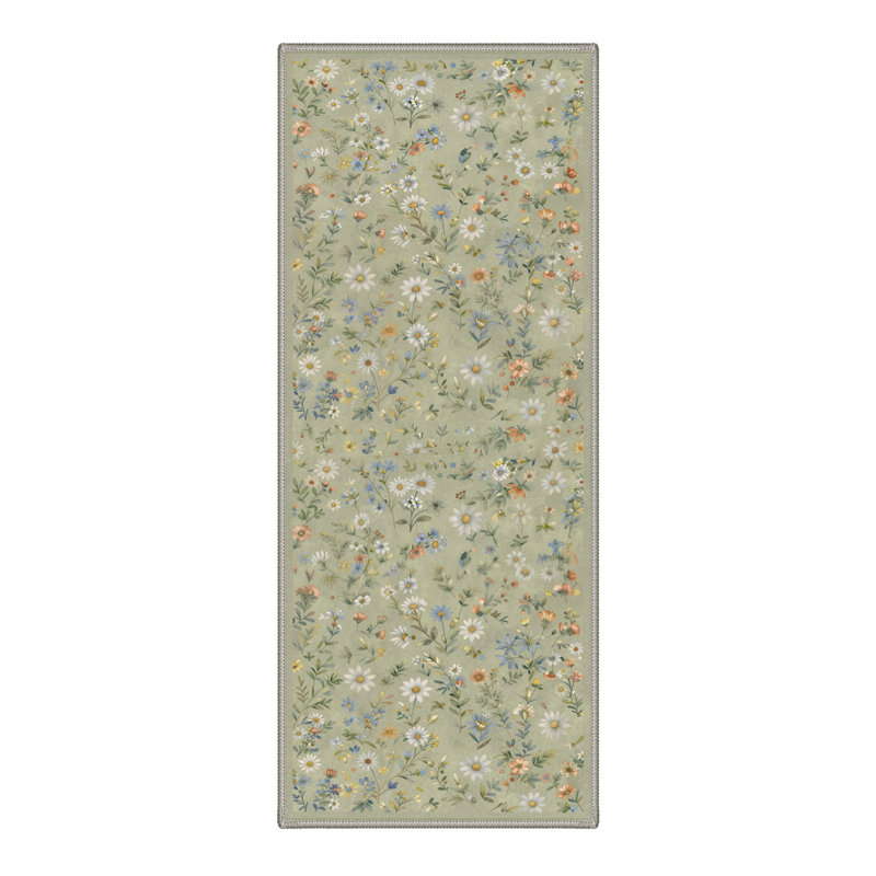 Tapis d'intérieur vert / blanc / bleu lavable à la machine Cogswell Botanica avec envers antidérapant
