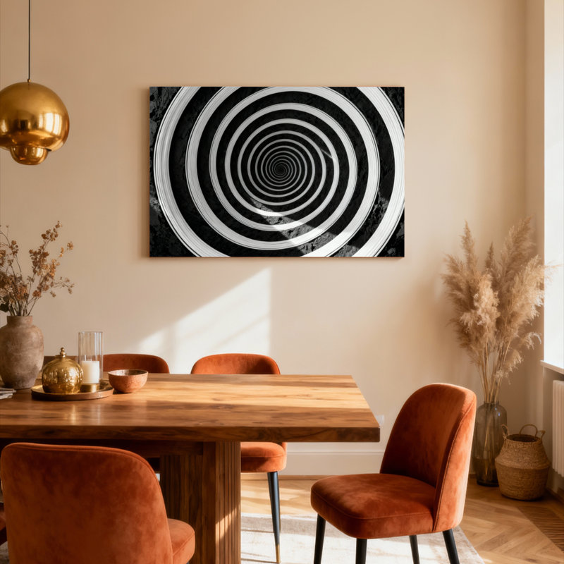 Ensemble de 1 toile tendue sur châssis, motif en spirale noir et blanc, art abstrait, H 16 po x l 24 po