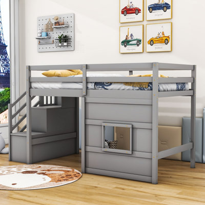 Jahshawn Twin Wood Loft Bed with Storage Staircase and Window
