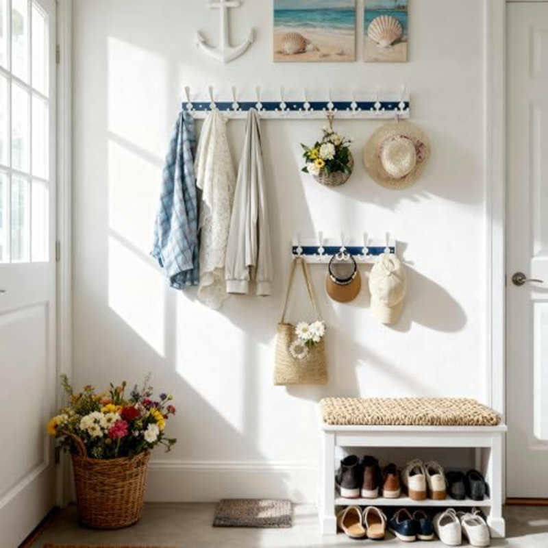 Porte-manteau mural de style bord de mer - 97 cm (38-1/8 po) - Crochet en bois avec 10 crochets pour suspendre manteaux, chapeaux ou serviettes - Collection Oceanfront Cottage Core - Blanc et bleu - Lot de 2