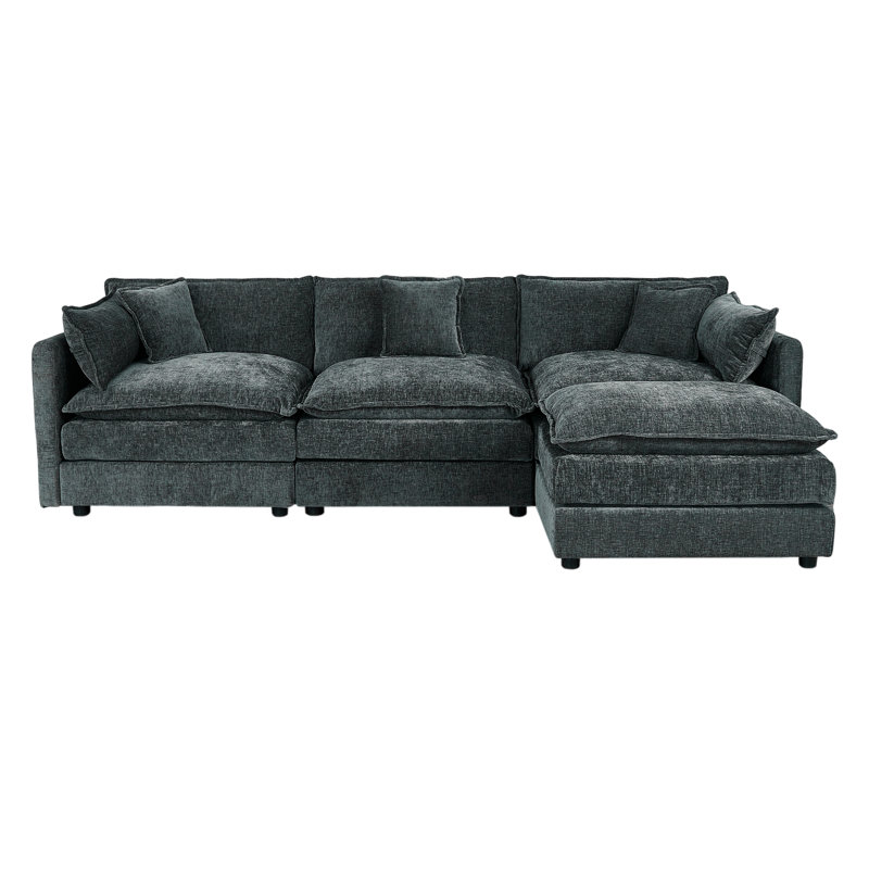 Modern Chenille Loveseat Sofa Couch With Ottoman, Gray Chenille, 33.85" H x 112.2" W x 35.82" D