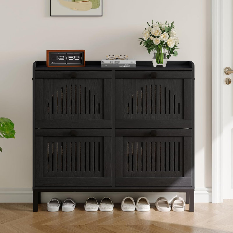 Shoe Storage Cabinet with 4 Flip Drawer, Shoes Organizer with Hollow Out Panel & Black Square Handles, Adjustable Shoe Rack for Entryway Living Room Bedroom