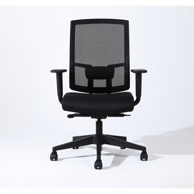 Chaise de bureau en maille noire à dossier haut avec conception ergonomique, accoudoirs, respirante, structure de siège, hauteur réglable, motif uni, forme carrée, style transitionnel