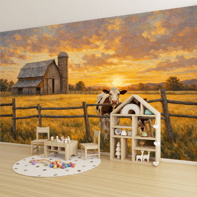 Papier peint à peler et à coller Rustic Farm Landscape Barn Cows Sunset