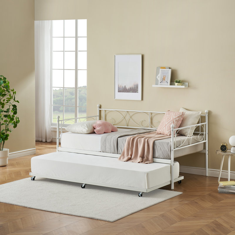 Twin Size Space-Saving Metal Daybed with Pull-Out Trundle, Heavy Duty Steel Slats & Headboard, Platform Sofa Bed for Bedroom, Living Room or Guest Room, No Box Spring Needed - White