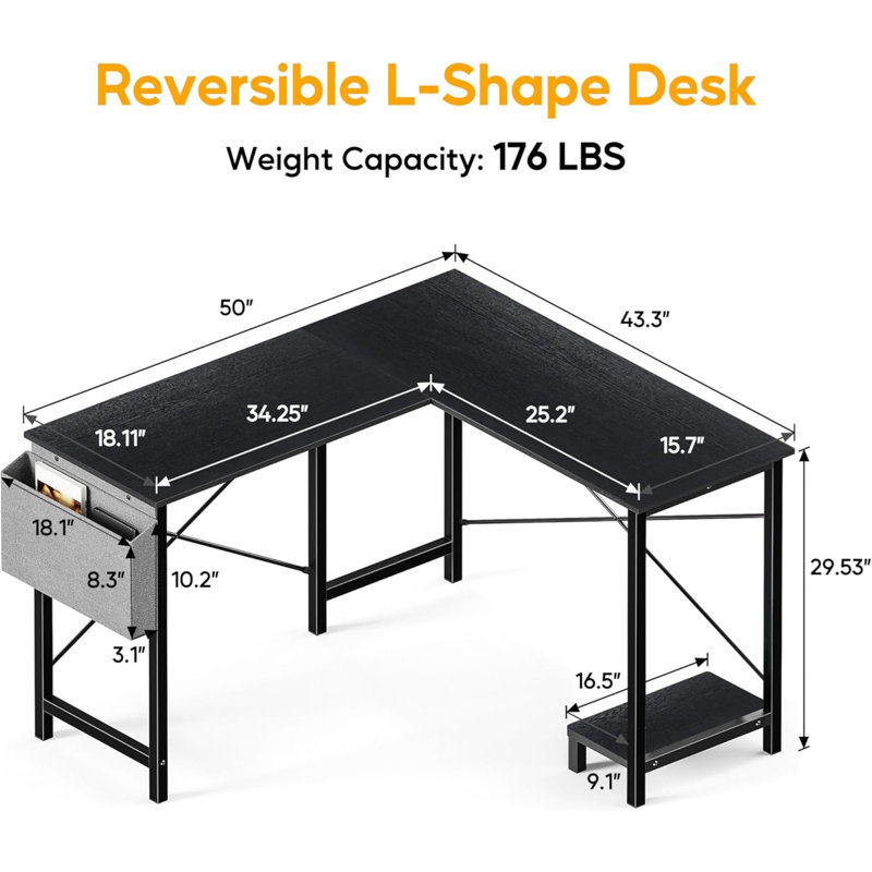 L Shaped Desk Gaming Computer 50 Inch Reversible Corner Table PC for Writing Study Student with Wood Tabletop Metal Frame CPU Stand Side Bag for Home Office Small Place,