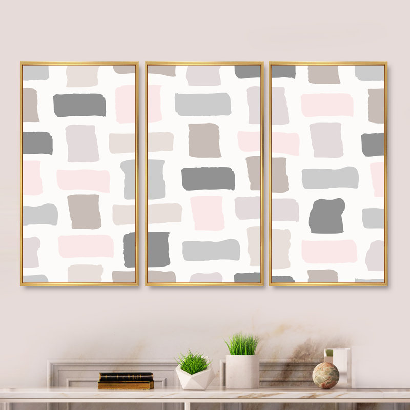 "Pink and Grey Pastel Rectangles I", 3 pièces, cadre flottant, impression sur toile, H 32 po x l 48 po, Cadre doré
