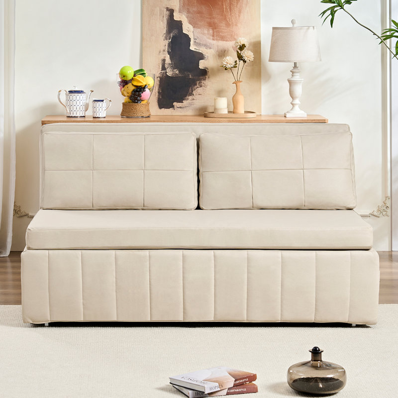 Ebern Designs Small Loveseat 3-in-1 Pull-Out Sleeper Sofa Bed with Throw Pillows, Beige