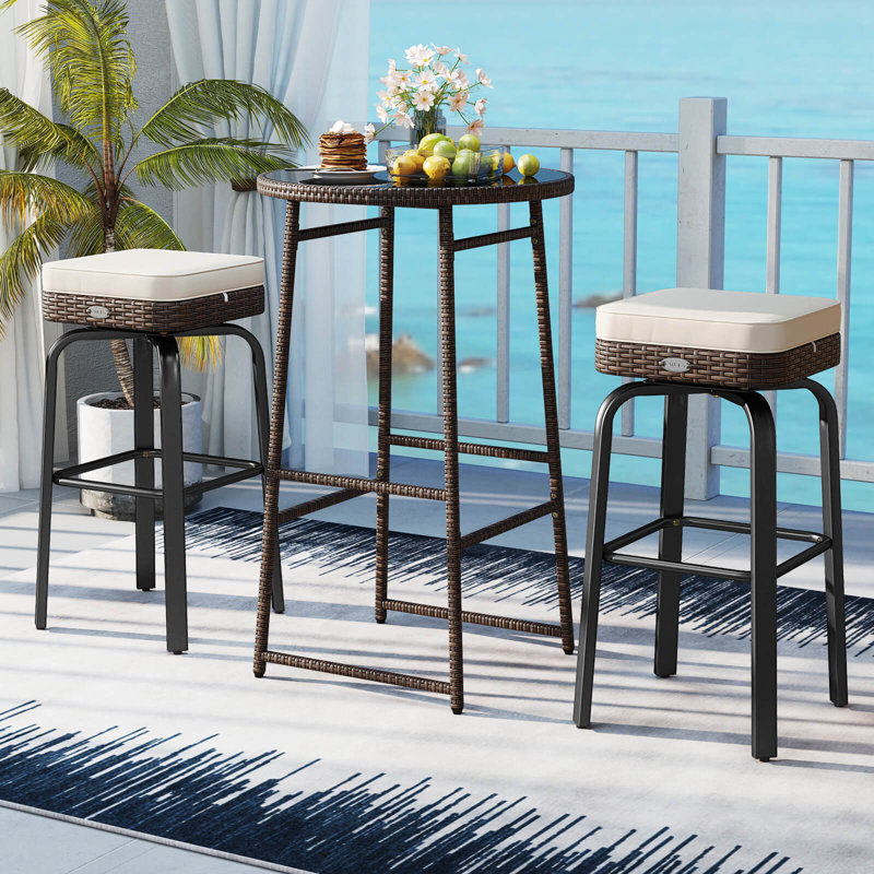 Ensemble de bar pivotant extérieur 3 pièces avec 2 chaises, plateau en verre trempé, coussins moelleux