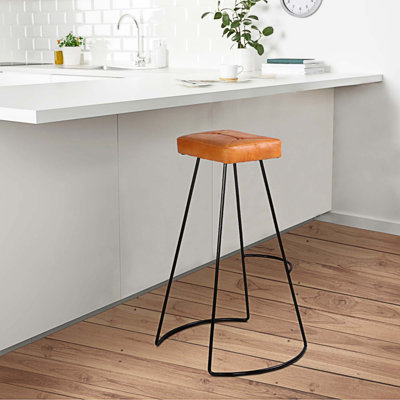 Ziegler 32 Inch Modern Bar Stool, Genuine Leather Seat, Metal Frame, Button Tufted, Tan Brown, Black by 17 Stories