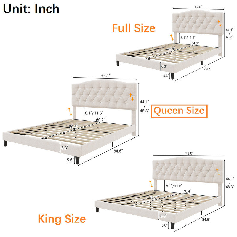 Beige Upholstered Bed Frame, Queen