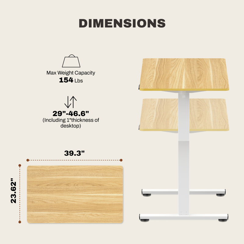 Dojtcho Adjustable Height Steel Standing Desk, Maple/White, 46.6" H x 39.4" W x 23.6" D