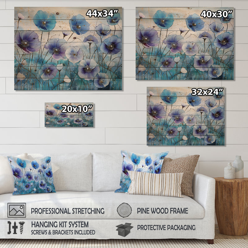 Blue And Purple Morning Glory Flowers - Flowers Wood Wall Art On Natural Pine Wood, 10" H x 20" W