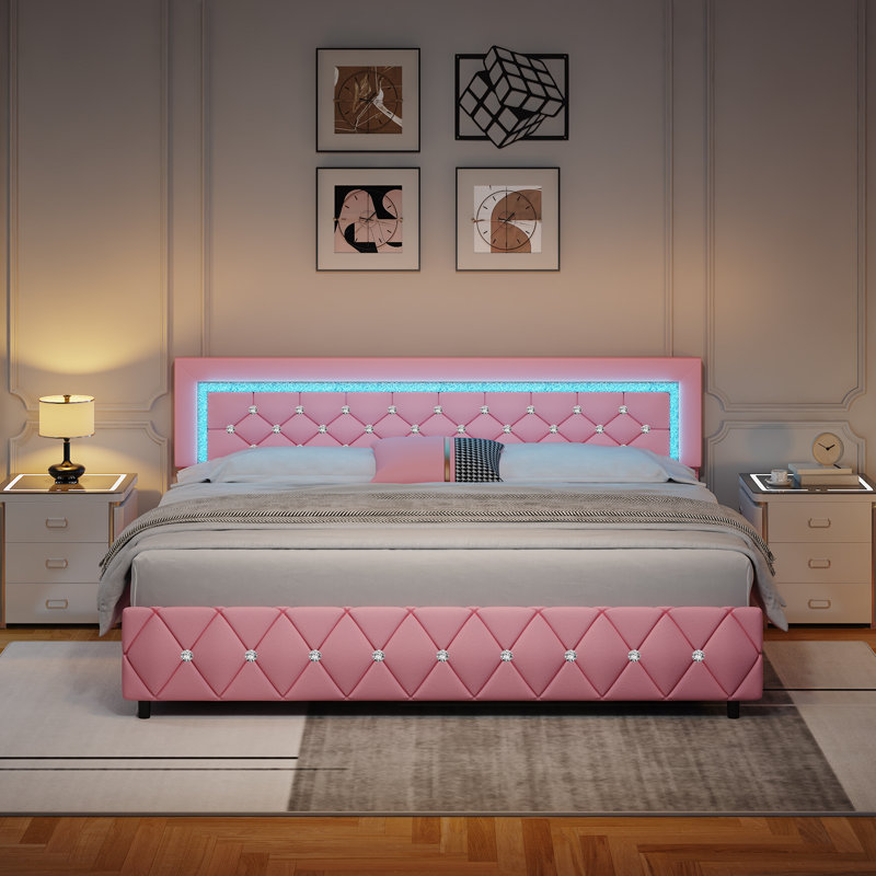 Cadre de lit plateforme tapissier avec lumières DEL et tiroirs de rangement Alber, Très grand lit, Rose