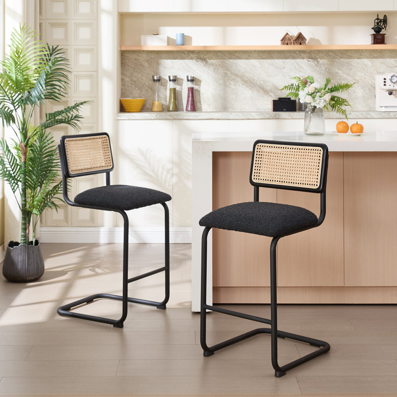 Marlow Upholstered Boucle Counter & Bar Stool with Cane Rattan Back, Black/Black, Counter Stool (25.4" Seat Height), 2