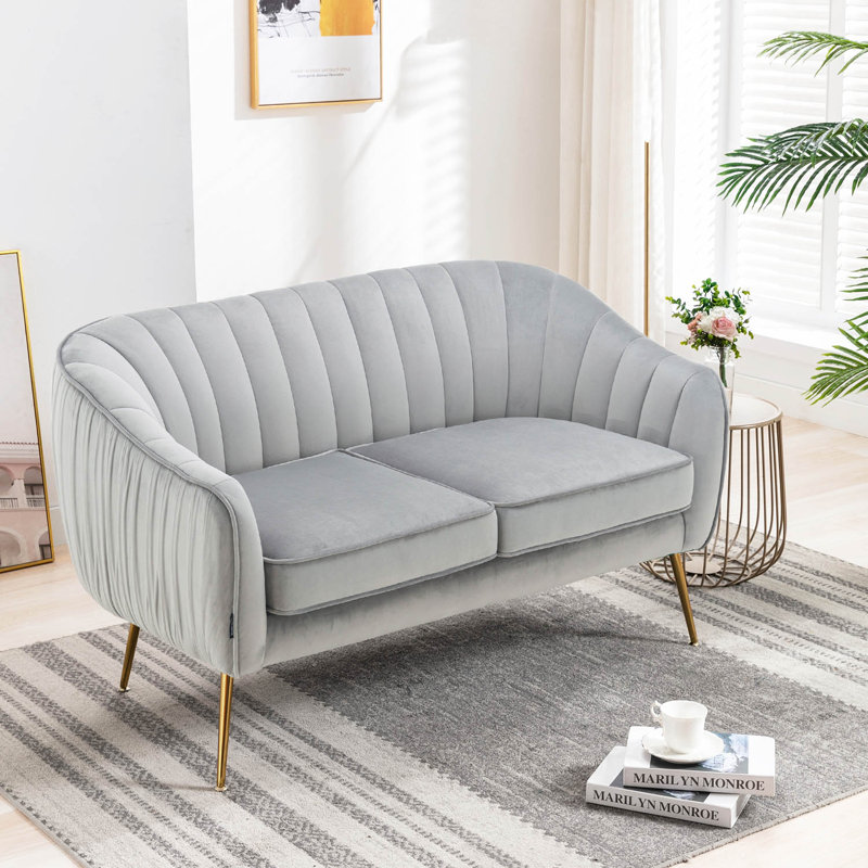 Velvet Sofa Couch With Gold Finished Legs, Gray