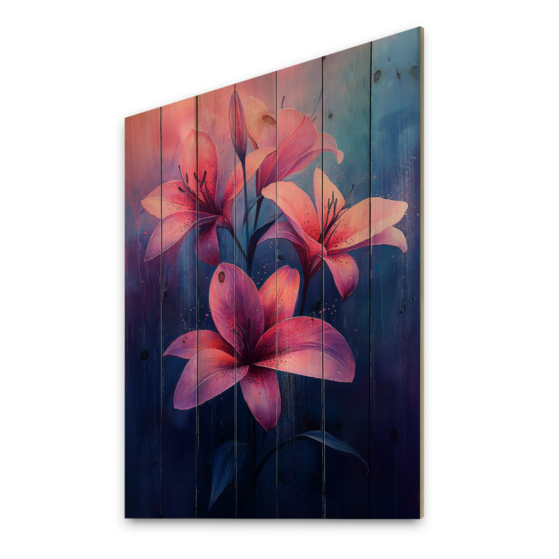 «Lily Dream» dans une teinte rose surréalisme II - décoration murale en bois de lys - sur bois de pin naturel