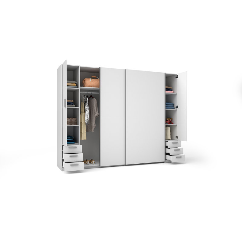 4-door wardrobe with drawers, white, with clothes rails, shelves, 207cm H x 269cm W x 61cm D