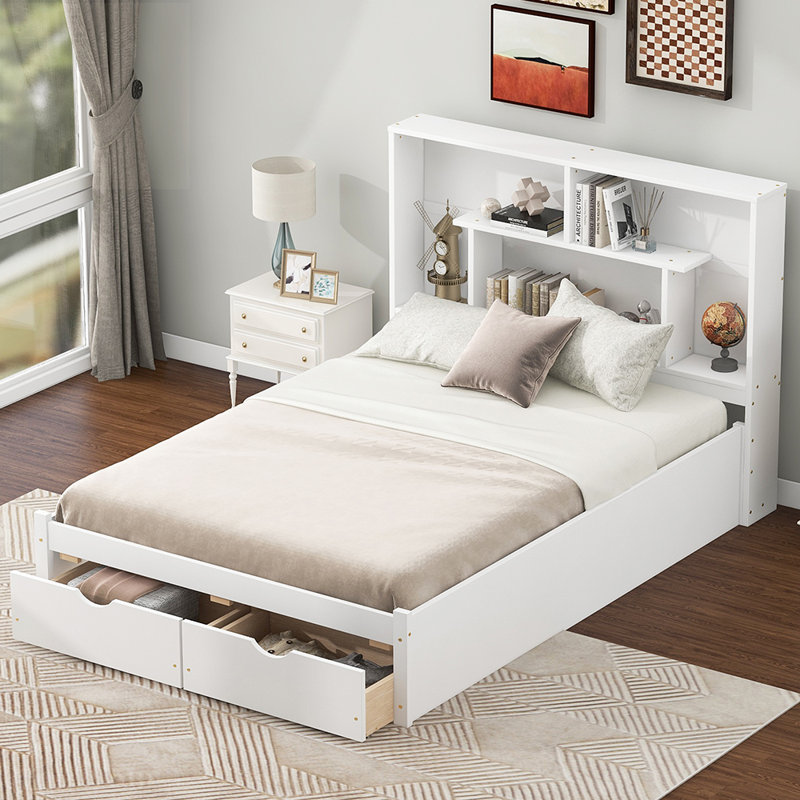 Wood Platform Bed With Storage Headboard, Full, White