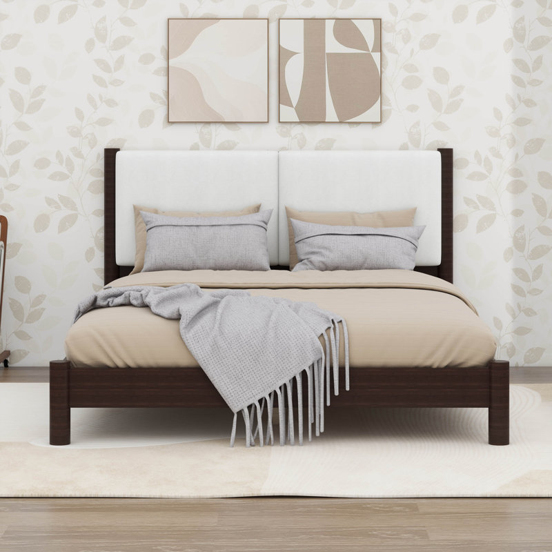 Lit plateforme avec tête de lit tapissier en similicuir, base de lit en bois minimaliste moderne avec support à lattes