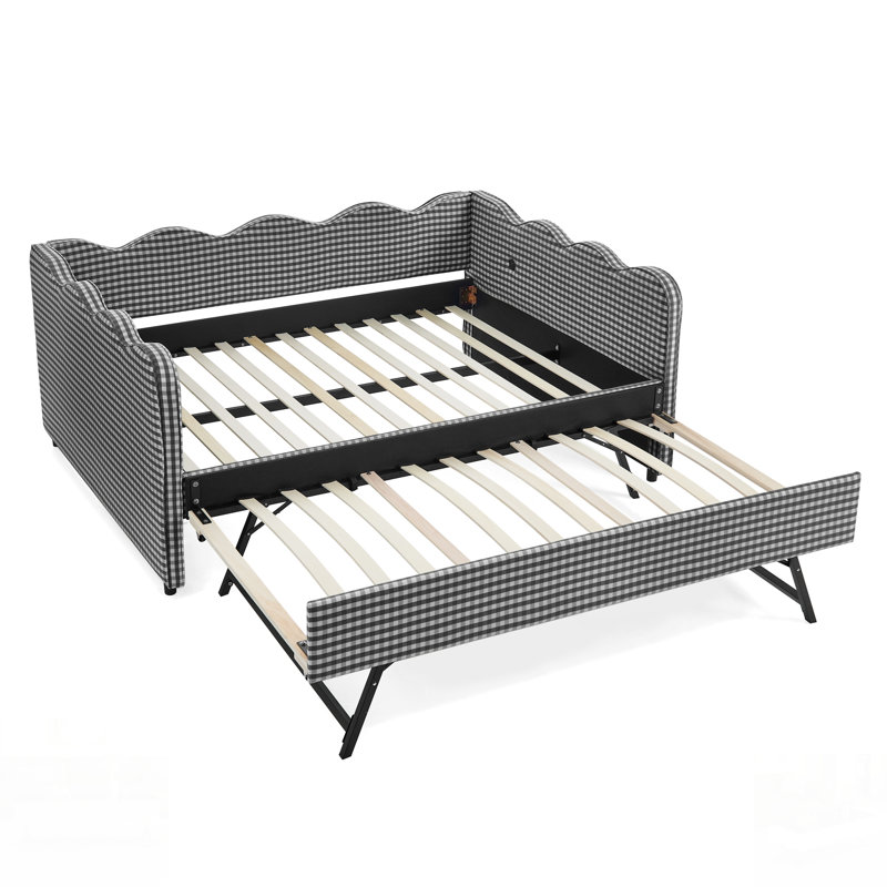 Cozy Gingham Daybed With  Trundle, USB Port, And Adorable Wave Shaped Linen Fabric, Black