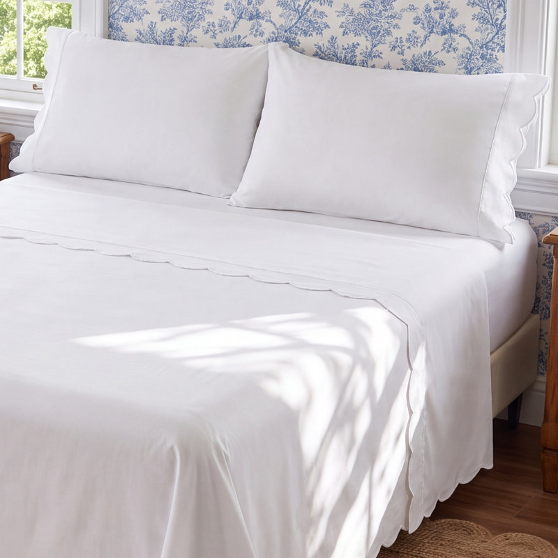 Scallop Frame Percale Sheet Set, Twin Sheet Set with 1 Pillowcase, White