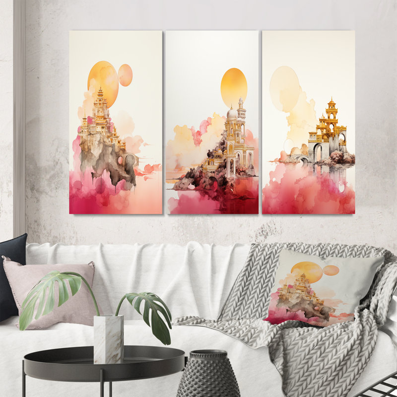 «Ancienne ville de rêves rétro rose et or III», 3 pièces sur toile, Toile tendue, H 28 po x l 36 po