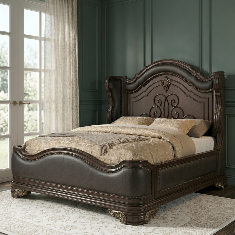 Faxon Bedroom Set in Dark Walnut, King, 5 Pcs: Bed, 2 Dressers, Nightstand, Mirror, Brown