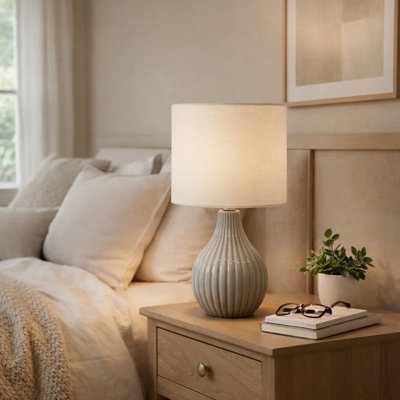 Nix Table Lamp, 17 Inch, Ivory Drum Shade, Ribbed Gray Ceramic Base