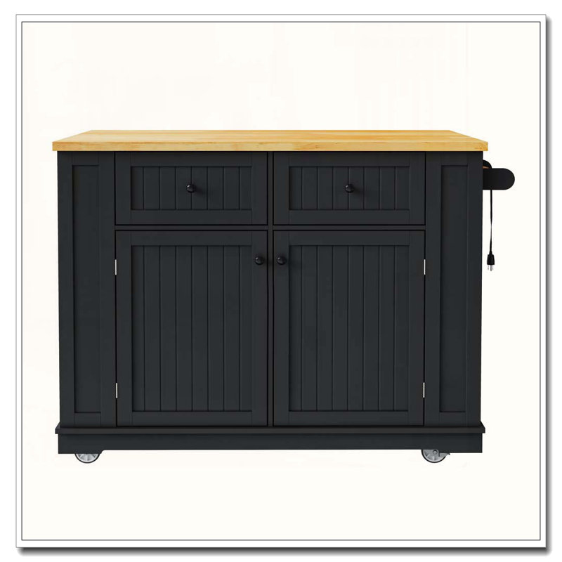 48-inch Kitchen Island with Drop Leaf & Power Outlet (Two Packages), Black