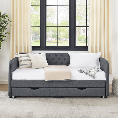 Twin Size Upholstery Daybed With Trundle Bed And Two Storage Drawers , Flat Arms With Pocket, Extendable Daybed For Bedroom Living Room,Linen Dark