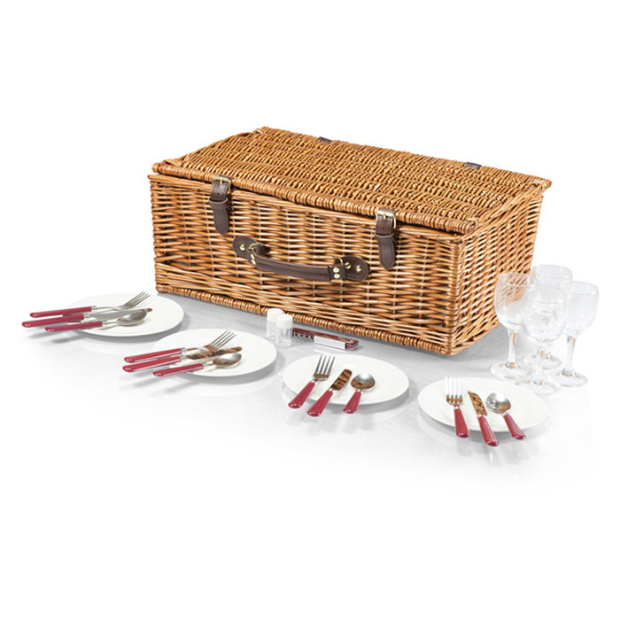 Newbury Wicker Picnic Basket with Navy and Burgundy Plaid Interior