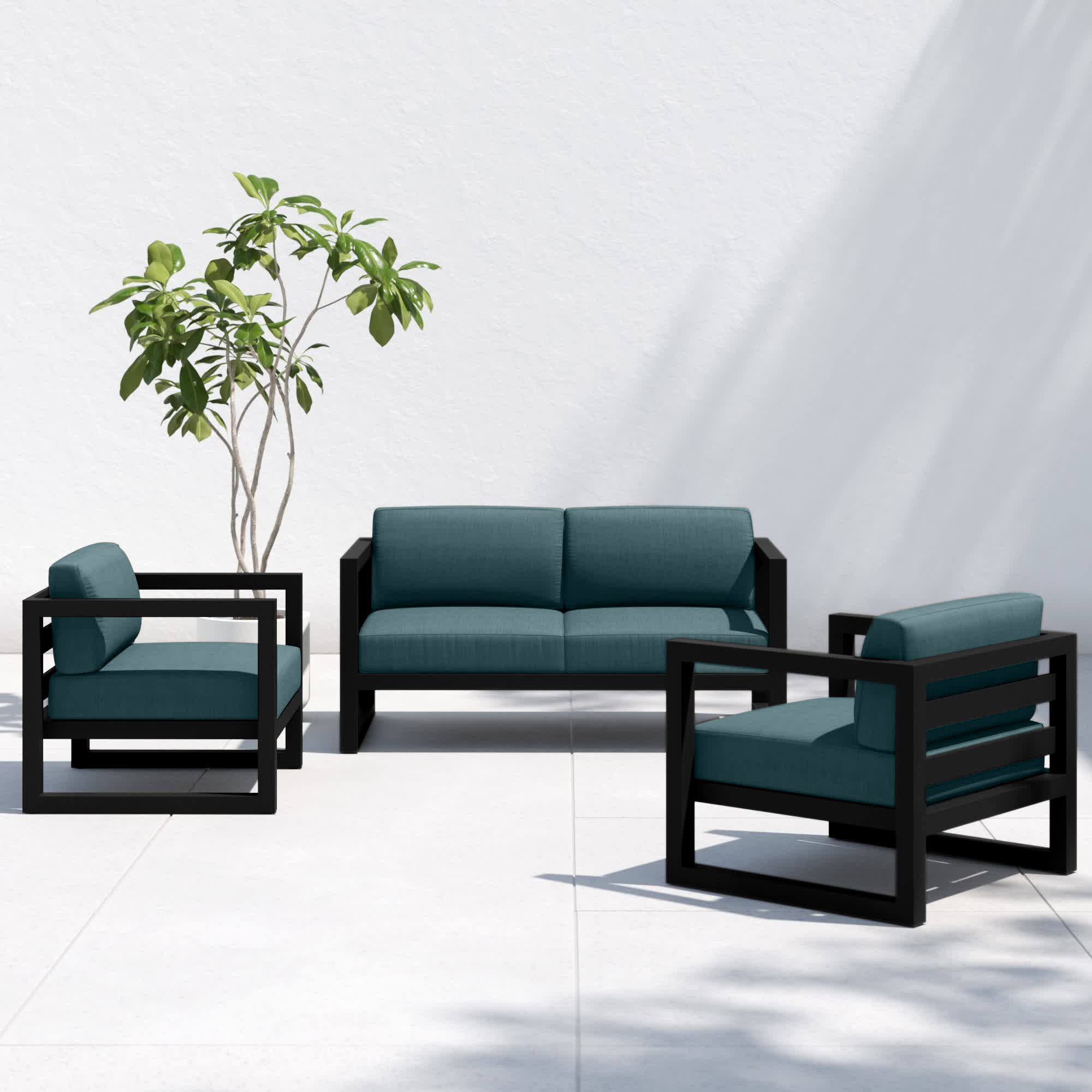 Smith 3 Piece Sofa Seating Group with Sunbrella Cushions, Black, Cast Lagoon