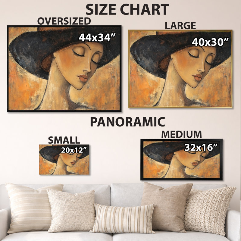 Femme au chapeau parisien II - Tableau moderne encadré, 16" H x 32" W, Gold Picture Framed