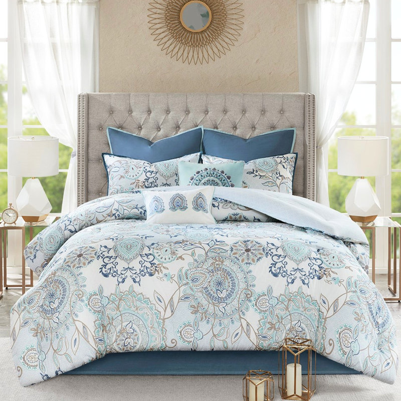 Édredon très grand bleu Isla - coton réversible 8 pièces, imprimé floral, deux taies décoratives européennes unies, rembourrage, coton pour impressions bleues et géométriques, coussins décoratifs brodés, lavable à la machine