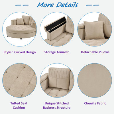 Chaise longue rembourrée incurvée avec accoudoirs de rangement, siège capitonné et coussins amovibles