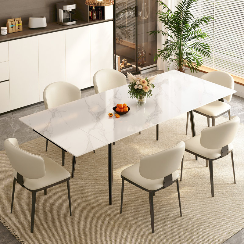 Ecklund 62.9 To 94.4 White Sintered Stone Expandable Stretching Dining Table Chair Set, 9 Pieces: Table, 8 Chairs