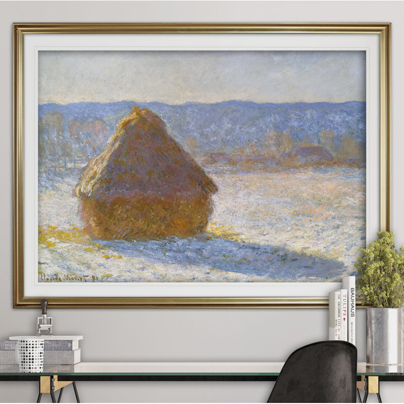 « haystack matin » par claude monet, reproduction de peinture à l’huile, Cadre doré, Blanc mat, H 28 po x l 38 po x P 1,5 po
