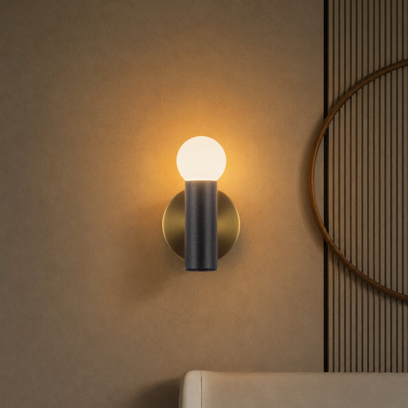 1 - Light Flush Mounted Sconce, Brushed Gold/Black Vegan Leather