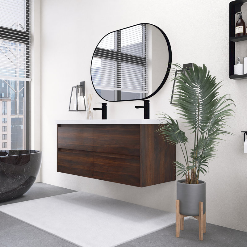 Meuble-lavabo flottant 48 po avec tiroirs 48 po, armoire en contreplaqué de noyer californien avec cuve en résine intégrée