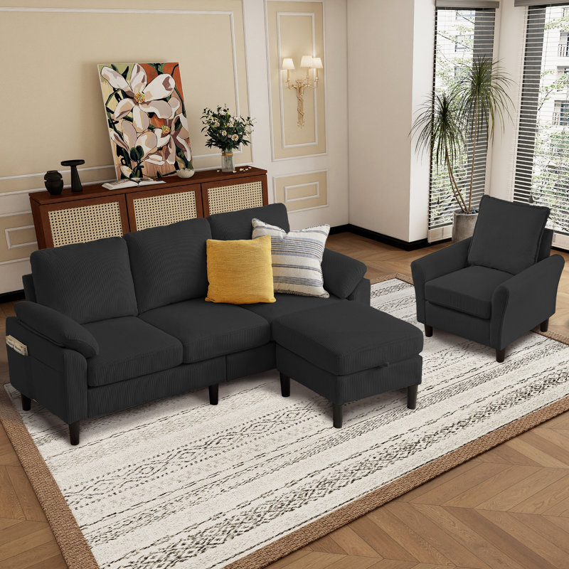 Juliani  Corduroy 3 Piece Living Room Set, Noir