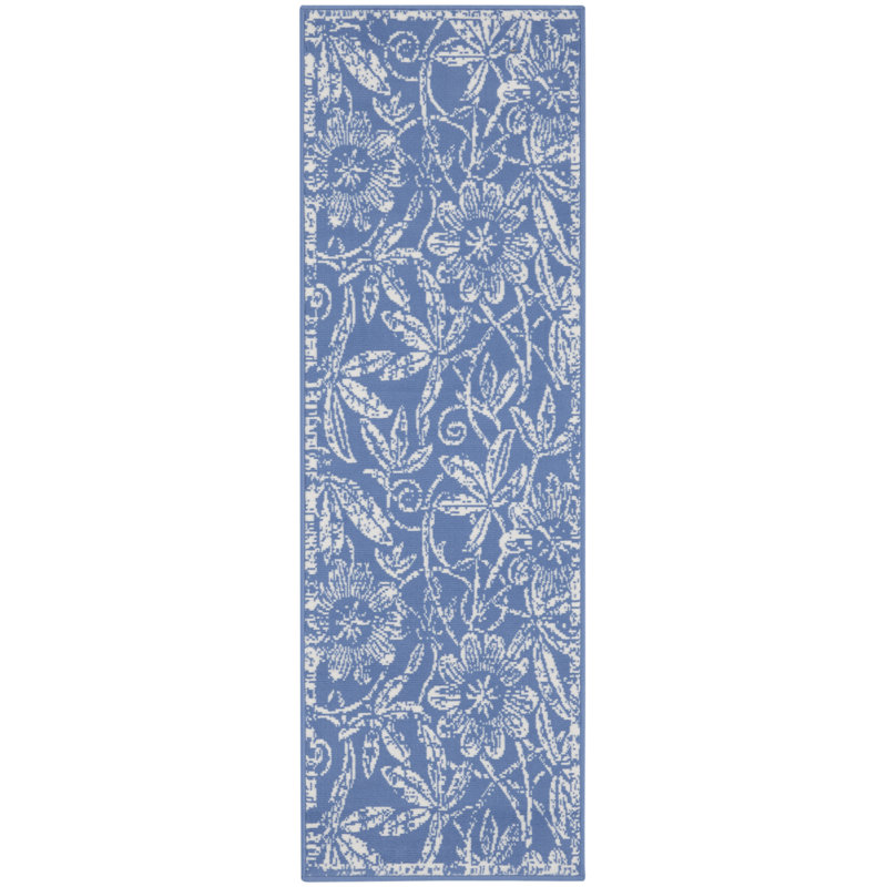 Tapis floral bleu en polypropylène tissé à la machine, Tapis de couloir 2 pi x 6 pi