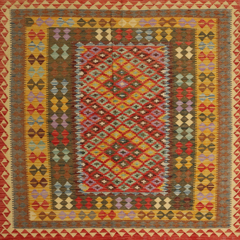 Tapis orange/rouge/gris contemporain, Carré 3 pi
