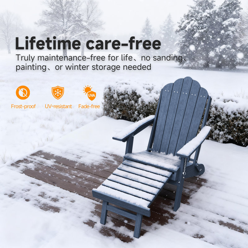 Set of 4 HDPE Folding Adirondack Chairs with Retractable Ottoman, 3-Position Adjustable All-Weather Patio Chairs, Navy