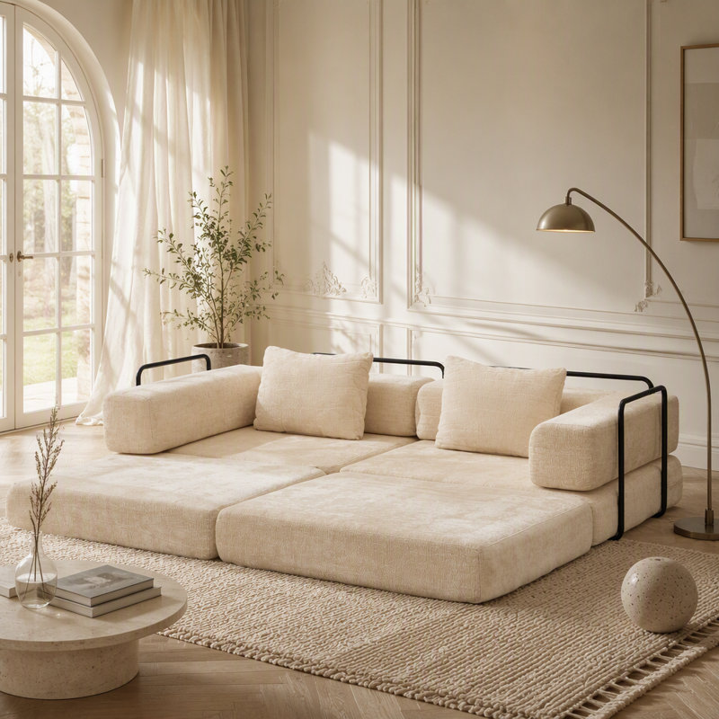 Canapé-lit convertible Compression, 78.74" W, Beige Chenille