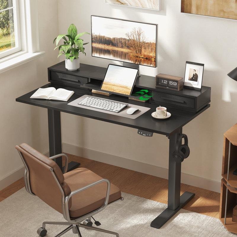 48" Electric Standing Desk With Drawers, Height Adjustable Desk With Retractable Storage Shelf, Stand Up Home Office Computer Table